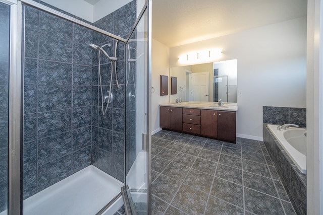 bathroom with vanity, separate shower and tub, and tile patterned floors