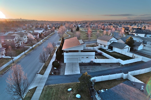 view of aerial view at dusk