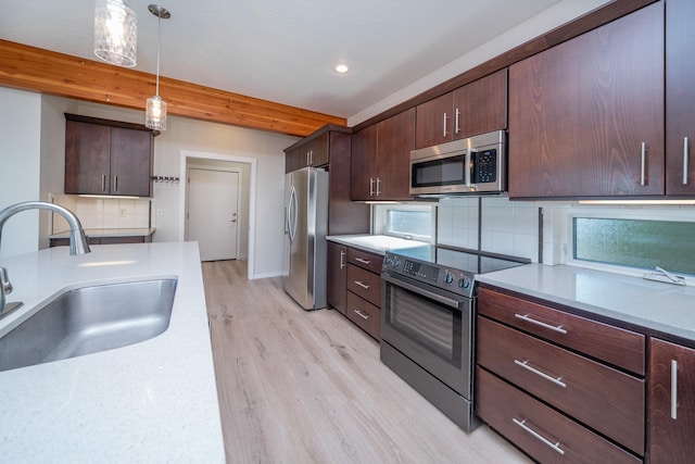 kitchen with sink, hanging light fixtures, stainless steel appliances, decorative backsplash, and beamed ceiling