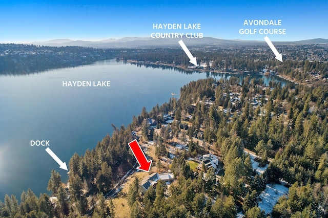 birds eye view of property featuring a water and mountain view