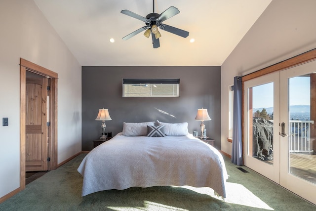 carpeted bedroom with french doors, ceiling fan, high vaulted ceiling, and access to outside