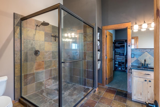 bathroom featuring vanity, toilet, and walk in shower