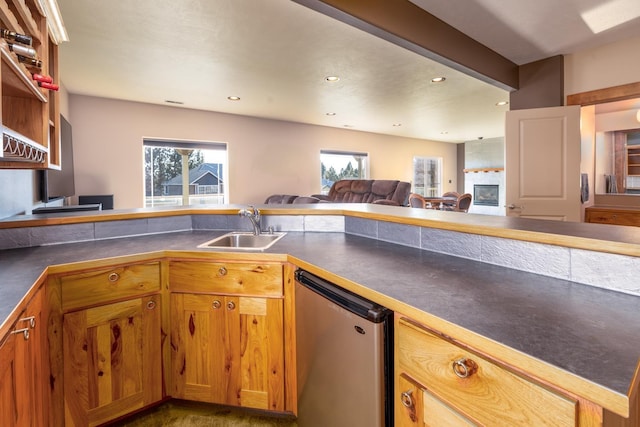 kitchen featuring dishwashing machine, kitchen peninsula, and sink