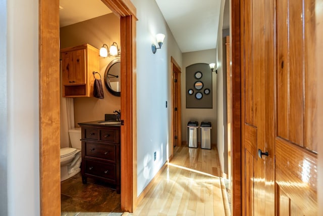 bathroom featuring wood-type flooring, toilet, and vanity