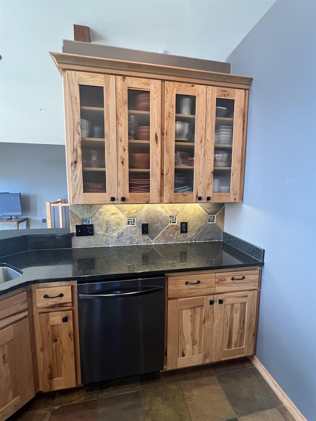 8518 E Sandlewood Ln, Spokane, WA 99217 - kitchen with dishwasher, decorative backsplash, glass insert cabinets, and dark stone countertops