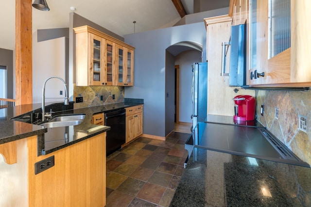 kitchen featuring sink, dishwasher, vaulted ceiling with beams, decorative backsplash, and kitchen peninsula