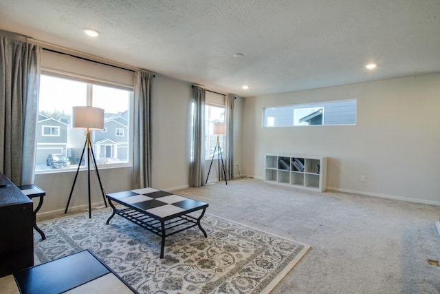 living area with a textured ceiling and carpet flooring