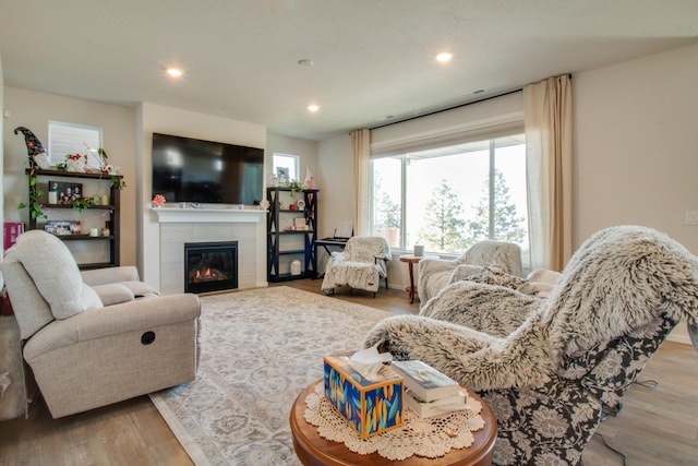 living room featuring a tiled fireplace and light wood-type flooring