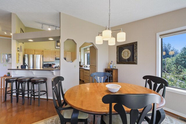 dining room featuring dark hardwood / wood-style flooring and vaulted ceiling