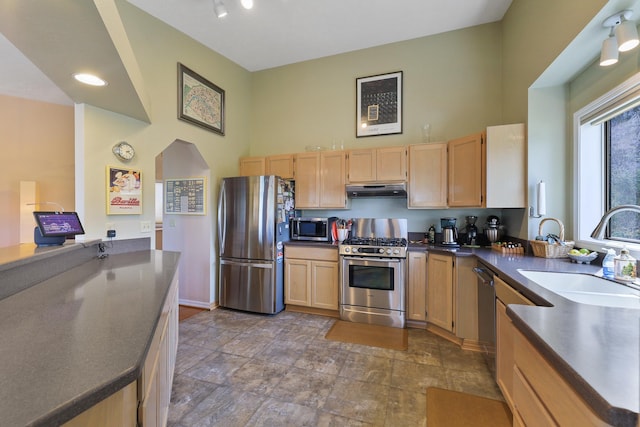 kitchen with a towering ceiling, stainless steel appliances, sink, and light brown cabinets