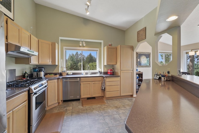 kitchen featuring light brown cabinetry, vaulted ceiling, and stainless steel appliances