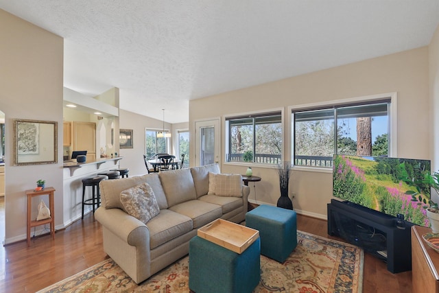 living room with lofted ceiling, hardwood / wood-style flooring, and a textured ceiling