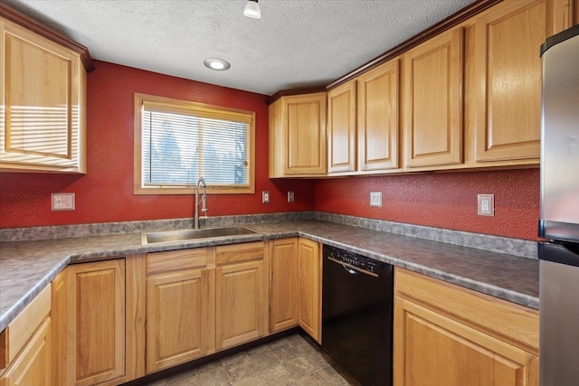 kitchen with black dishwasher, sink, stainless steel fridge, and a textured ceiling