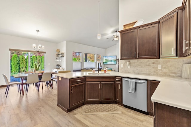 kitchen with sink, hanging light fixtures, dark brown cabinets, stainless steel dishwasher, and kitchen peninsula