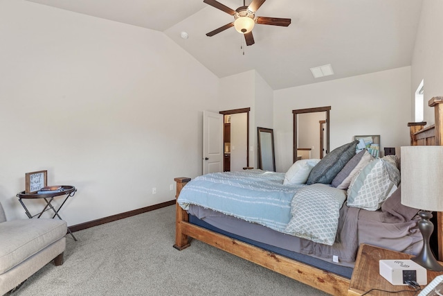 carpeted bedroom featuring ceiling fan and lofted ceiling