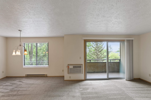 unfurnished living room featuring a wealth of natural light, carpet, a wall mounted air conditioner, and baseboard heating