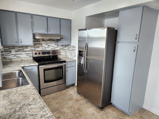 kitchen featuring backsplash, gray cabinets, sink, and appliances with stainless steel finishes