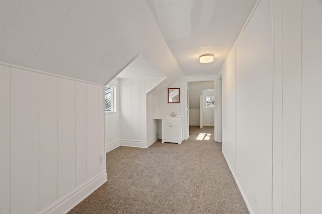 additional living space featuring lofted ceiling, sink, and light carpet