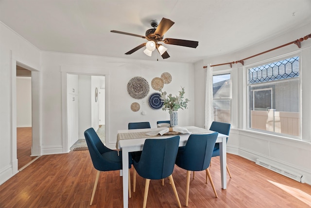 dining space featuring ceiling fan and wood-type flooring