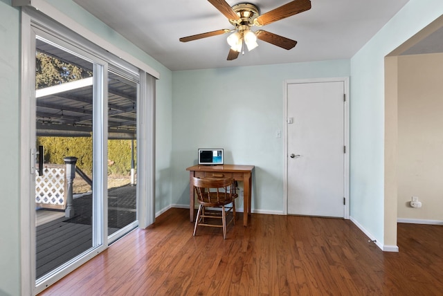 home office featuring ceiling fan and dark hardwood / wood-style flooring