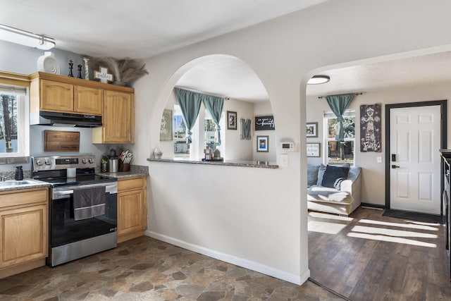 kitchen with stainless steel range with electric cooktop and dark hardwood / wood-style floors