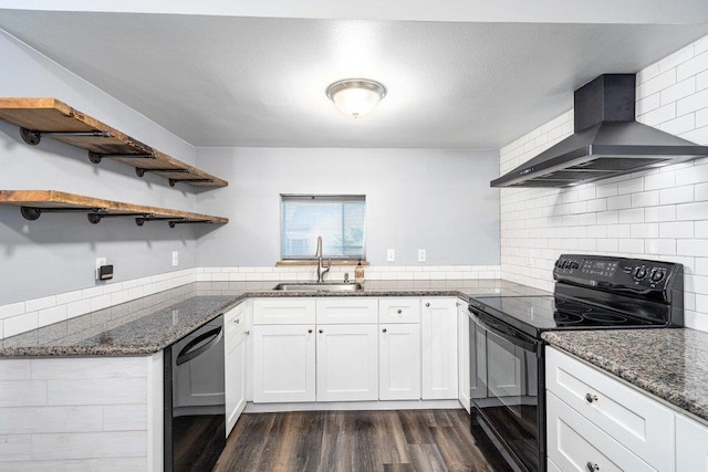 12409 E Olive Ave, Spokane Valley, WA 99216 - kitchen with black appliances, a sink, wall chimney range hood, open shelves, and dark stone counters