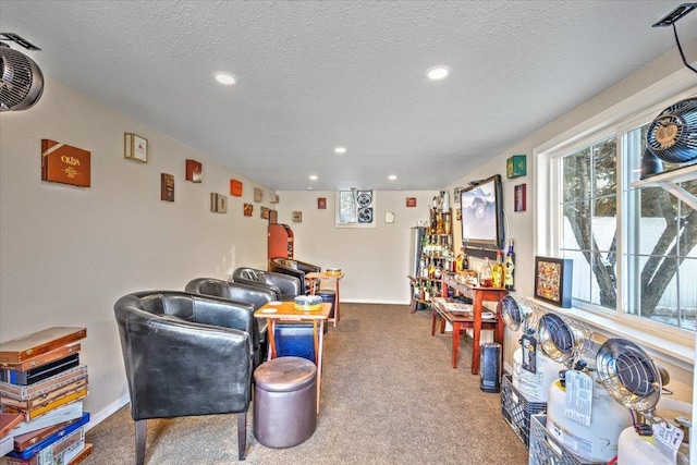 playroom with carpet flooring and a textured ceiling