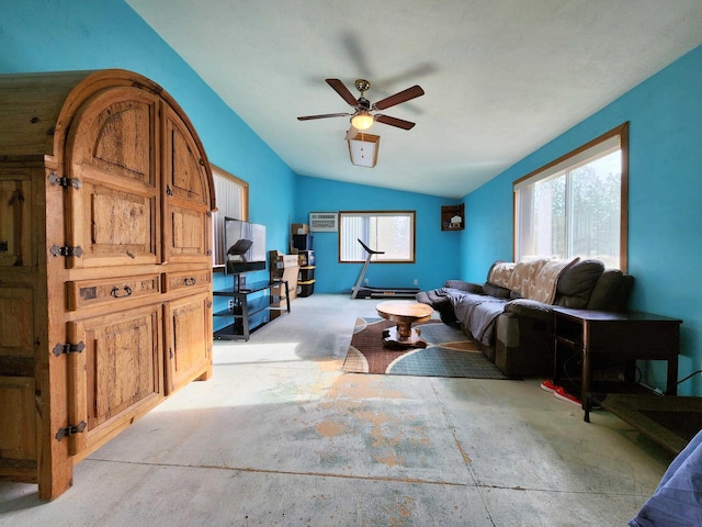 living room with ceiling fan and lofted ceiling