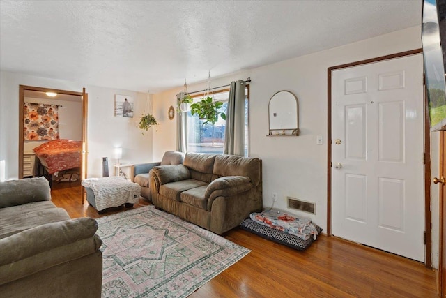 living room with hardwood / wood-style floors and a textured ceiling