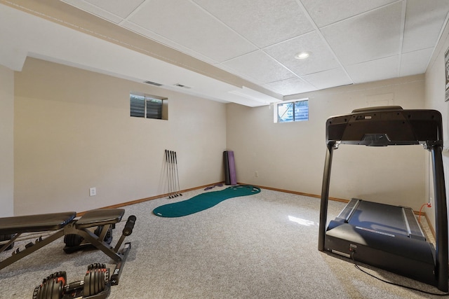 workout room featuring a paneled ceiling and carpet flooring