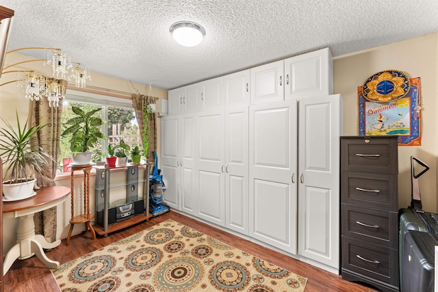 miscellaneous room with wood-type flooring and a textured ceiling