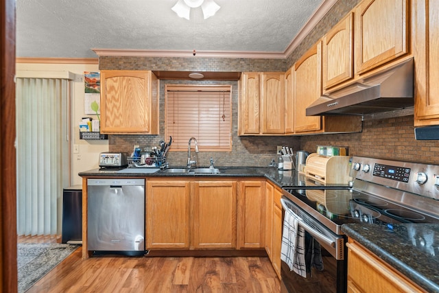 kitchen with appliances with stainless steel finishes, dark hardwood / wood-style floors, sink, dark stone countertops, and a textured ceiling