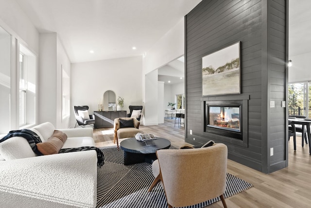 living room featuring a multi sided fireplace and light wood-type flooring