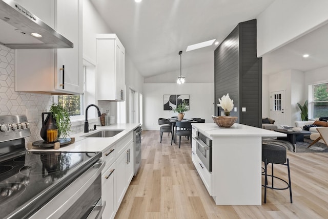 kitchen featuring white cabinetry, stainless steel appliances, sink, and extractor fan