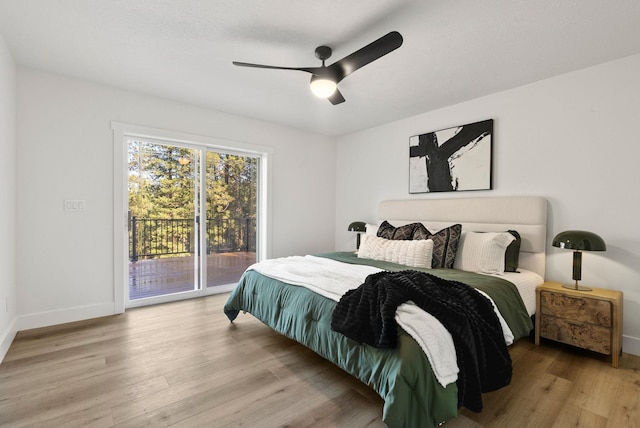 bedroom with access to outside, ceiling fan, and light wood-type flooring