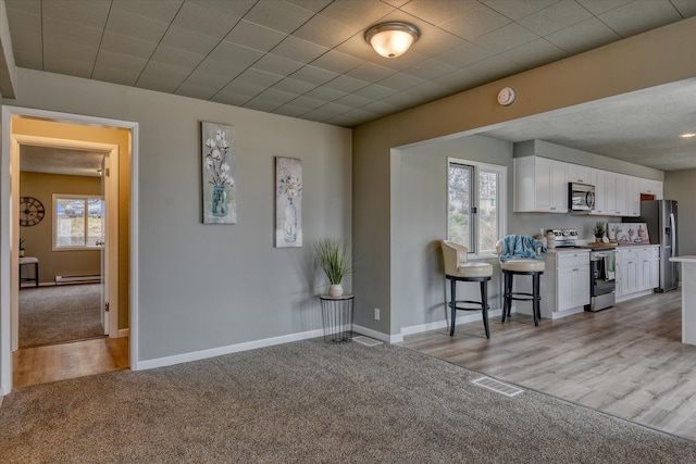 interior space with light carpet, a baseboard heating unit, plenty of natural light, and visible vents