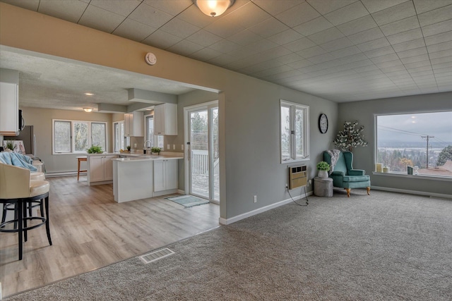 unfurnished room featuring light carpet, baseboard heating, visible vents, and baseboards