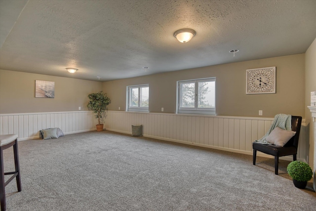 sitting room featuring a textured ceiling, wainscoting, and carpet