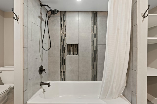 bathroom with shower / tub combo with curtain and toilet