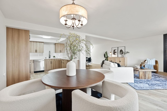 dining room with sink, light hardwood / wood-style floors, and a chandelier