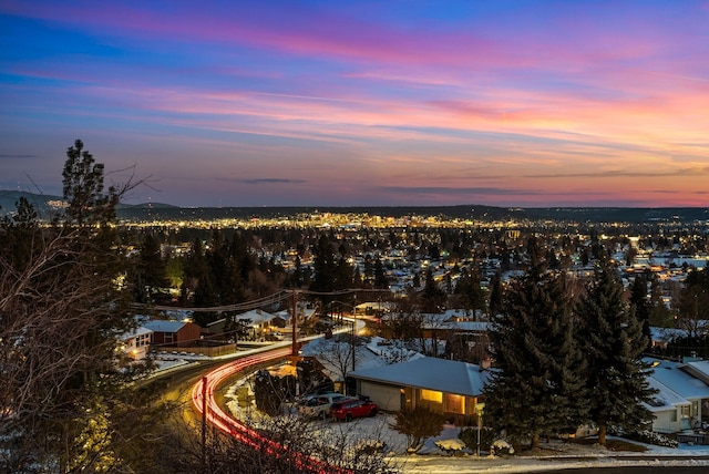 view of aerial view at dusk