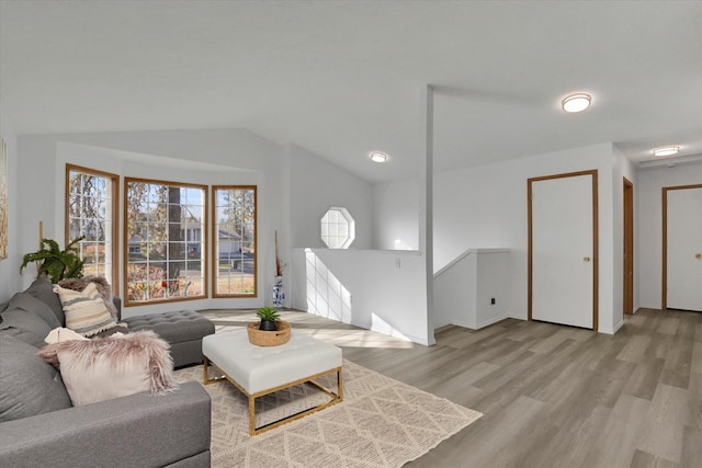 living room featuring lofted ceiling and light wood-type flooring