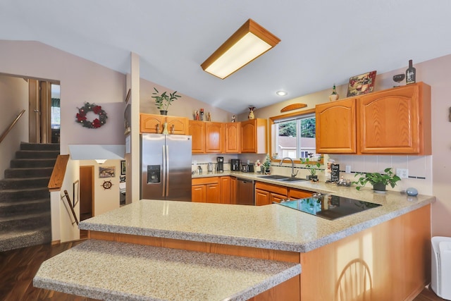 kitchen featuring appliances with stainless steel finishes, sink, lofted ceiling, and kitchen peninsula