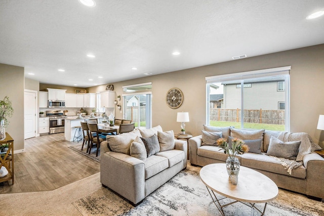 living room with a textured ceiling and light wood-type flooring