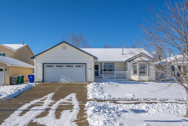 ranch-style home with a garage and a porch