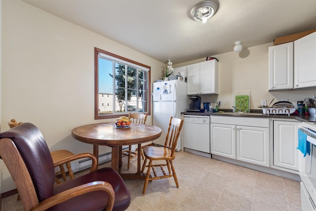 kitchen with white cabinetry, sink, and white appliances