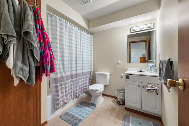 full bathroom with tile patterned flooring, vanity, shower / tub combo with curtain, and toilet