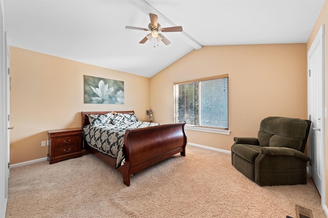 bedroom with ceiling fan, light colored carpet, and lofted ceiling with beams