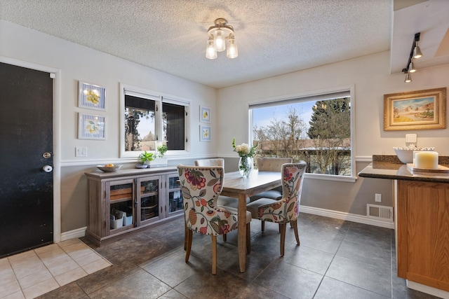 dining room featuring dark tile patterned flooring and a textured ceiling