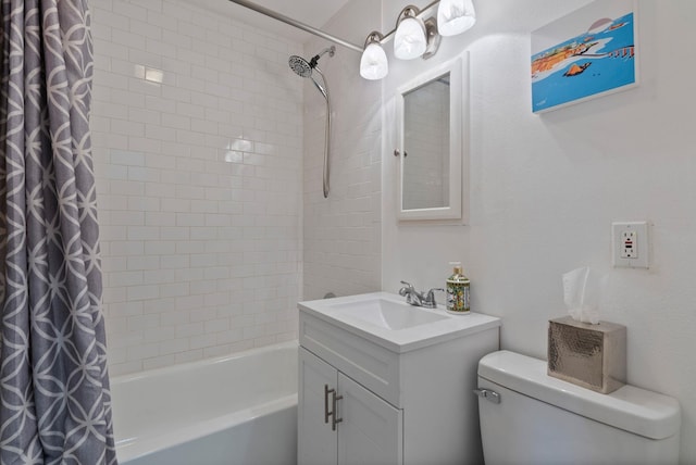 full bathroom featuring vanity, shower / bath combination with curtain, and toilet